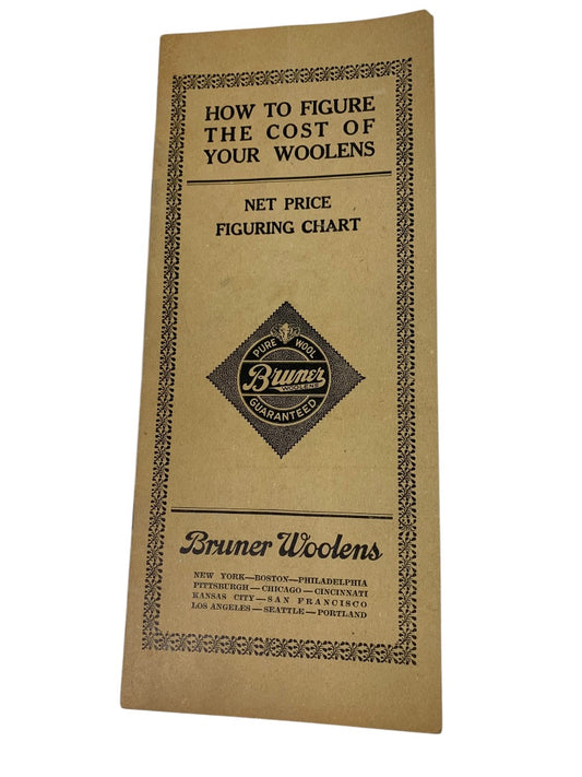 Vintage Bruner Woolens Net Price Figuring Chart with Telegraphing Instructions