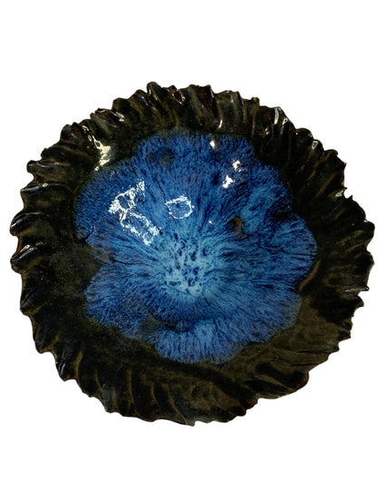 Art Pottery Signed Blue Black Bowl Textured Edge Vintage 7 Inch Diameter