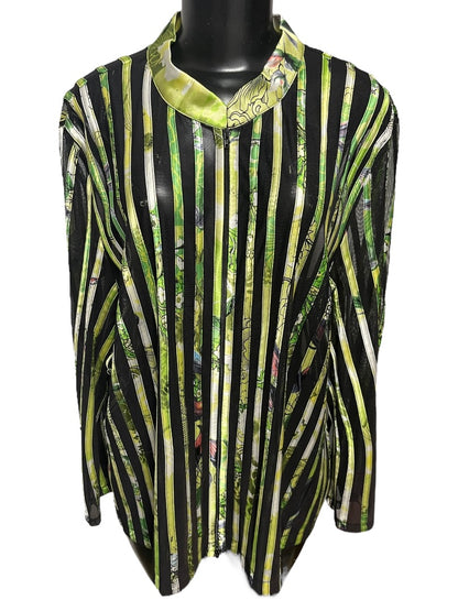24W JS Collection Woman Striped Floral Sheer Longsleeve Zipper Shirt