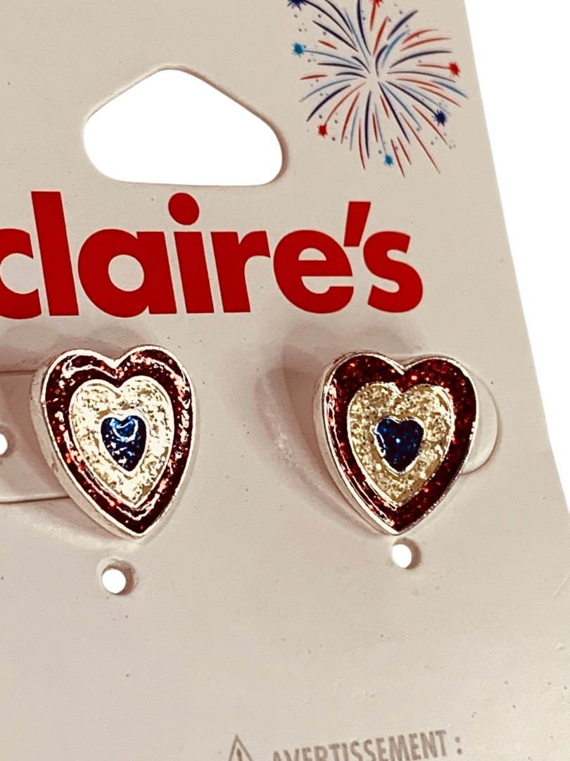 Claires New Post Pierced Earrings Patriotic Sparkly Heart