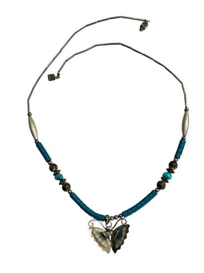 Vintage Silvertone Beaded Butterfly Pendant Necklace 19 Inch Barrel Clasp