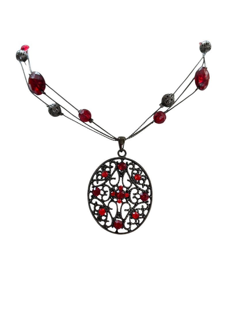 Pewter Color and Red Necklace Beaded Pendant Multistrand 16-18 Inch