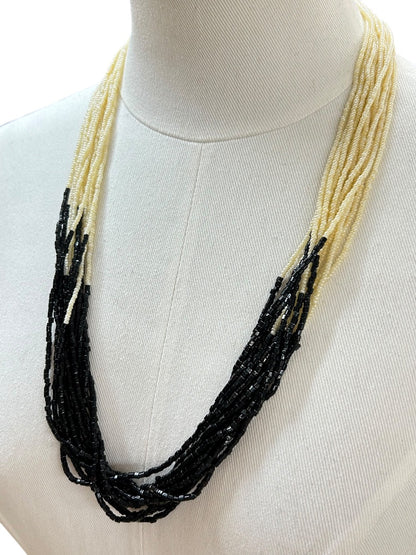 Multistrand Cream Black Beaded Necklace Goldtone Clasp 28 Inch