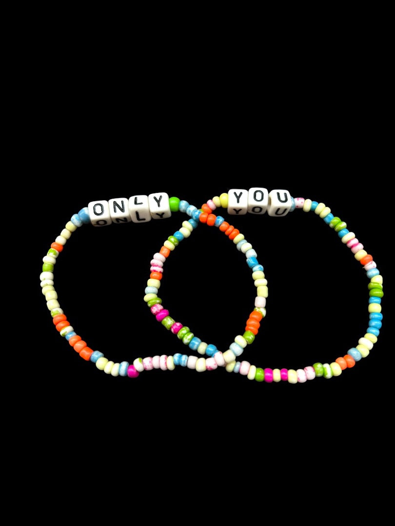 Set of 2 Seed Bead Stretch Bracelets "Only" "You" Multicolor