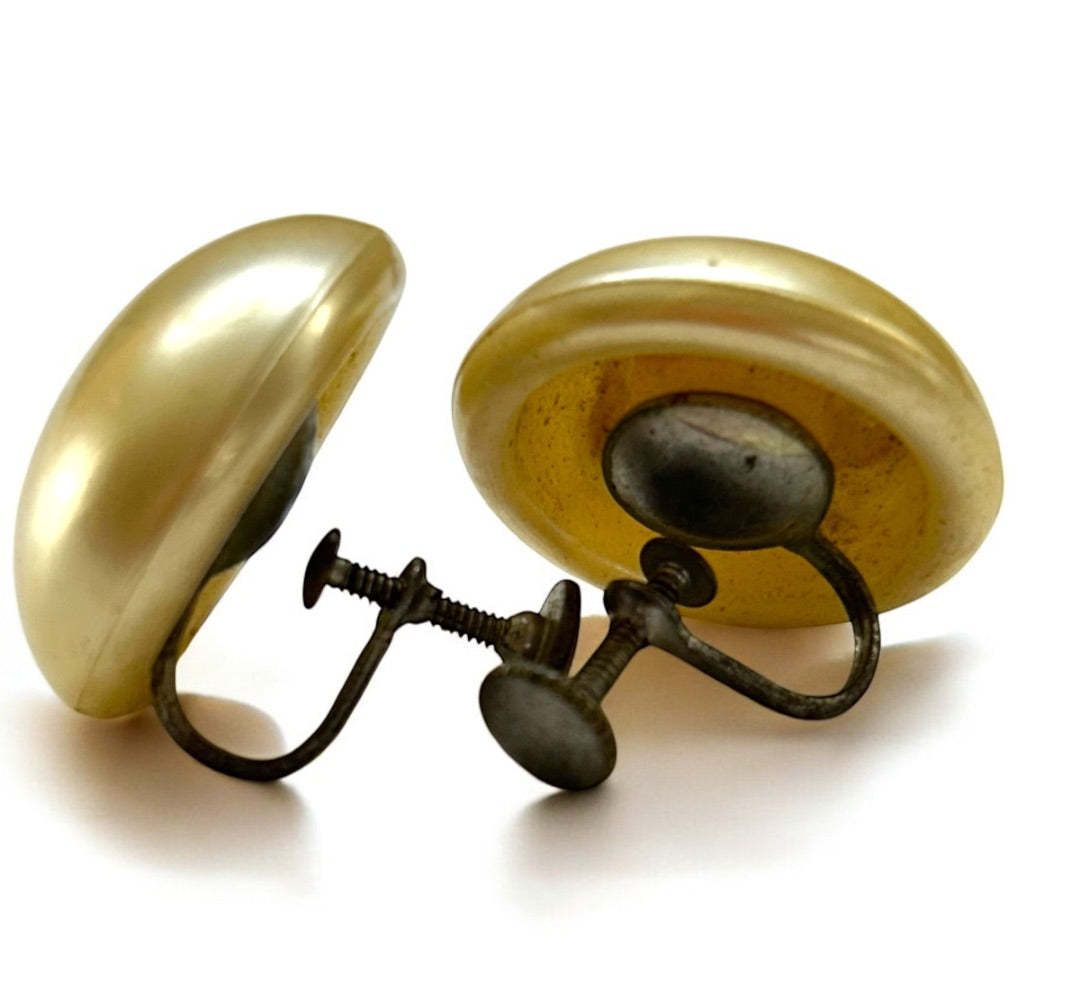 Vintage Screw Back Non-Pierced Earrings Faux Pearl Button 1 Inch Diameter