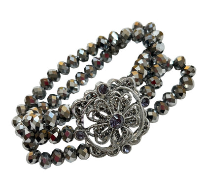 Triple Strand Stretch Bracelet Silvertone Faceted Beads Medallion
