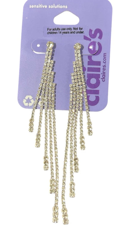 Claires New Swag Rhinestone Earrings Silvertone 4 Inch Drop Post Pierced