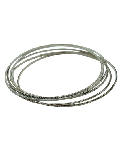 Set of 6 Silvertone Whitewashed Thin Bangle Bracelet 2.6 Inch Inside Diameter