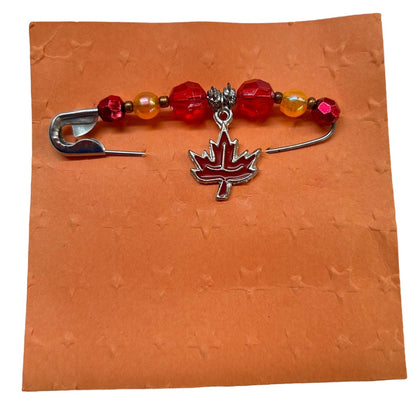 Harpo Originals Beaded Safety Pin Brooch Red Yellow Maple Leaf