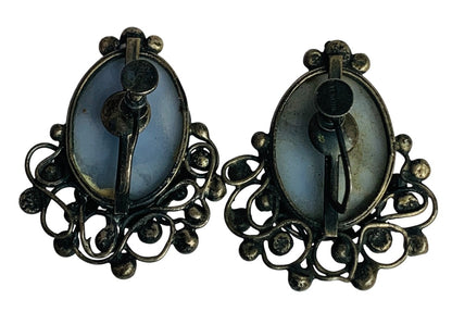 Sterling Silver Vintage Screwback Clip-On Earrings Blue Glass 1.5 Inch