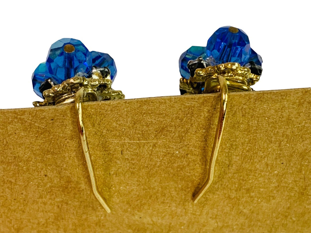 Wingback Earrings Blue Aurora Borealis Crystal Cluster Goldtone Pierced 1 Inch