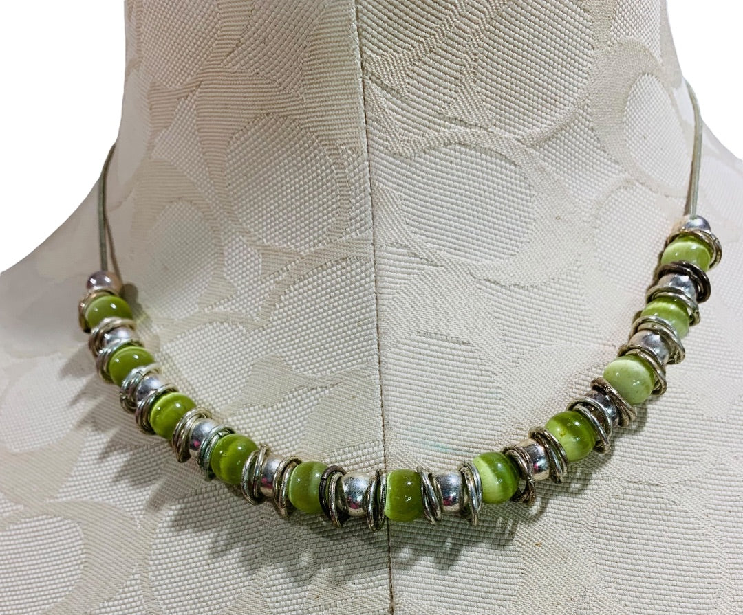 Silvertone and Green Beaded Necklace Snake Chain 17-22 Inch Lobster Clasp