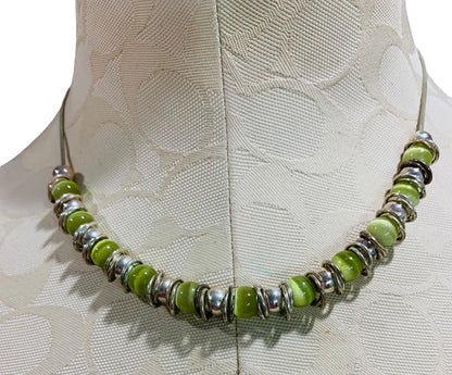 Silvertone and Green Beaded Necklace Snake Chain 17-22 Inch Lobster Clasp