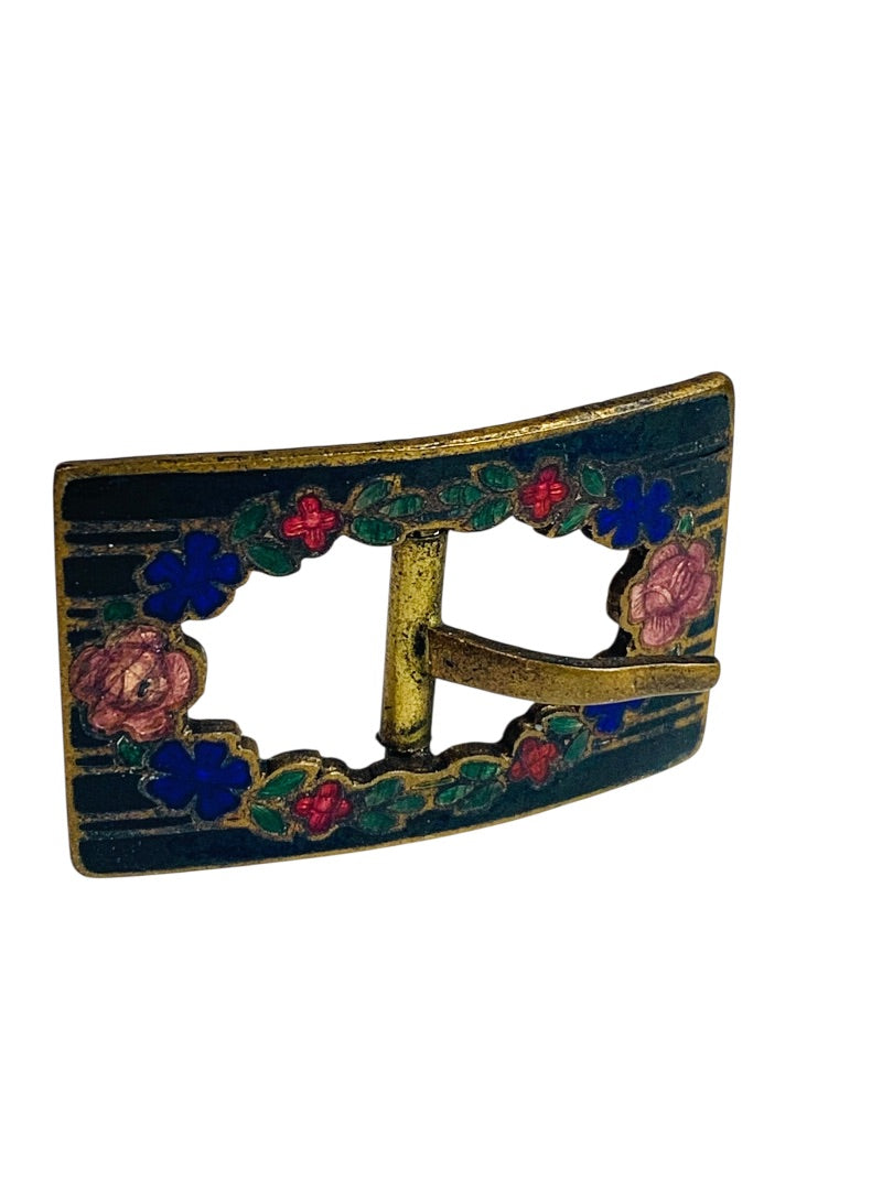 Vintage Guilloche Enamel Belt Buckle Small 7/8" x 1 3/8" Czechoslovakia Floral