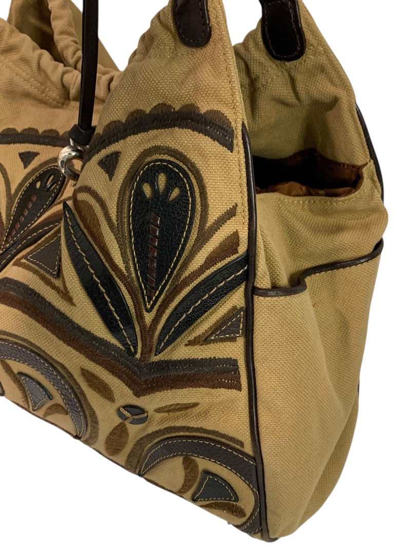 Brighton Canvas Shoulder Bag Brown Embroidered Hobo Heart Charm Large Tote