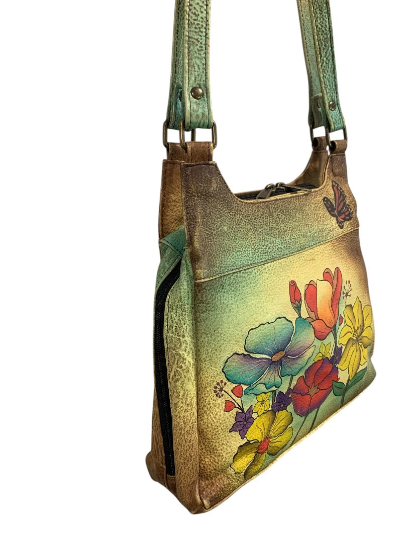 Anuschka Flower Leather 3 Compartment Shoulder Bag Hand-Painted USA