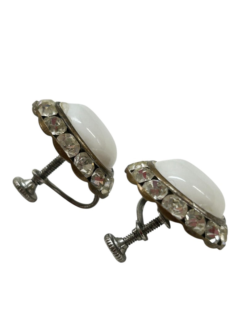 Vintage Non-Pierced Screwback Earrings White Rhinestone .75 Inch