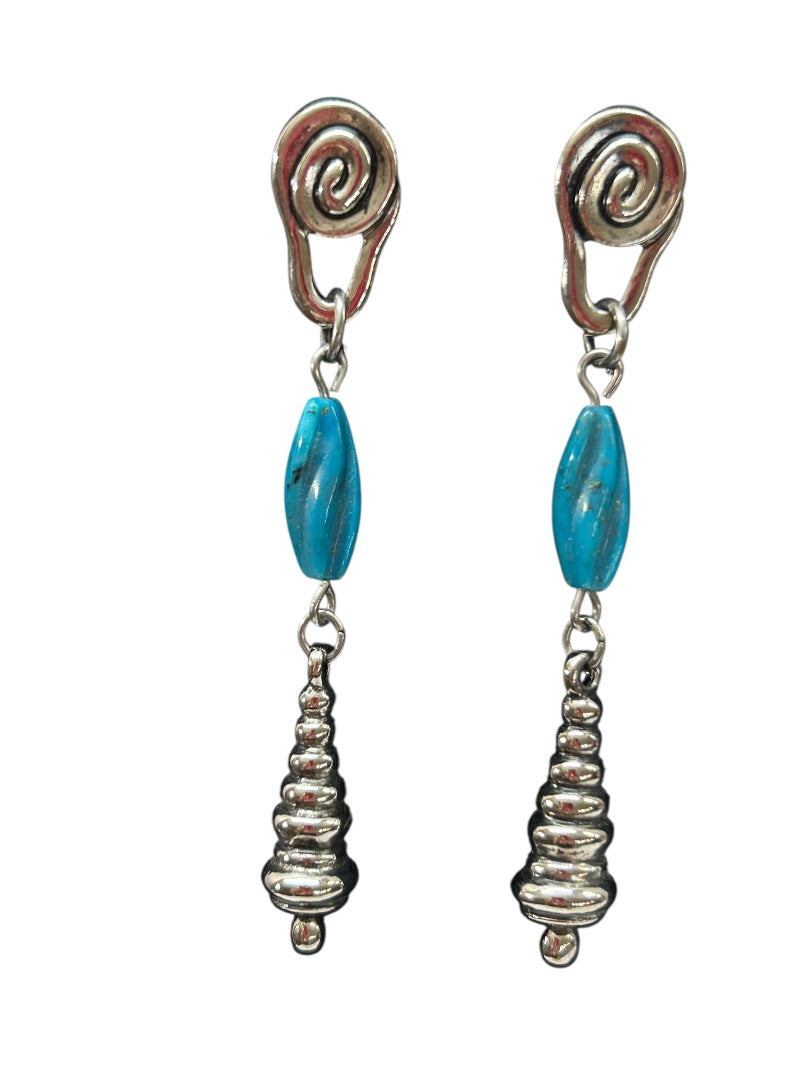 Silvertone Faux Turquoise Pierced Earrings 2.5 Inch Drop Dangle