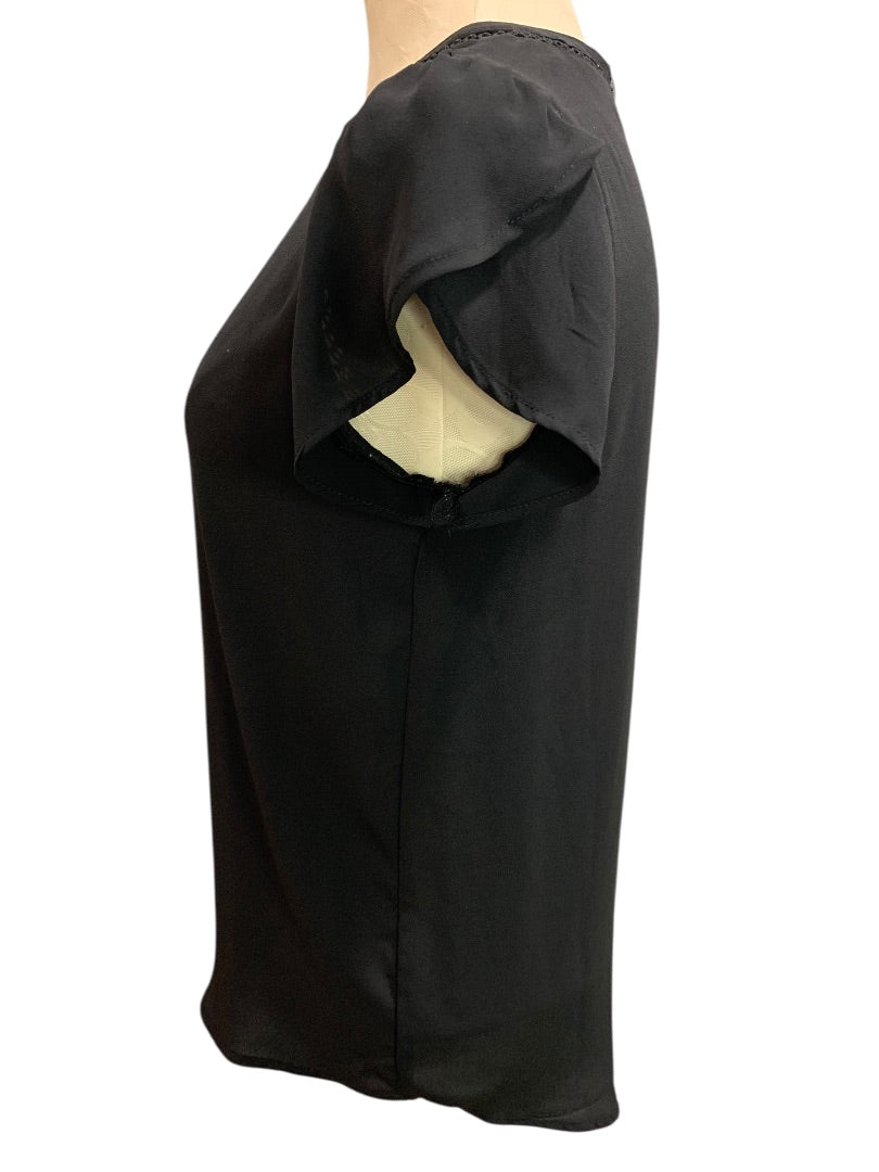 XS Loft Womens Black Short Sleeve Blouse Slightly Sheer Button Back