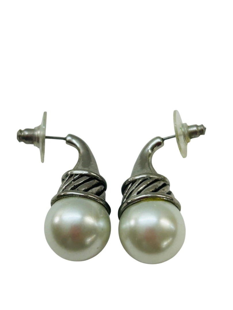 Faux Pearl and Silvertone Post Pierced Earrings 1.25 Inch Drop