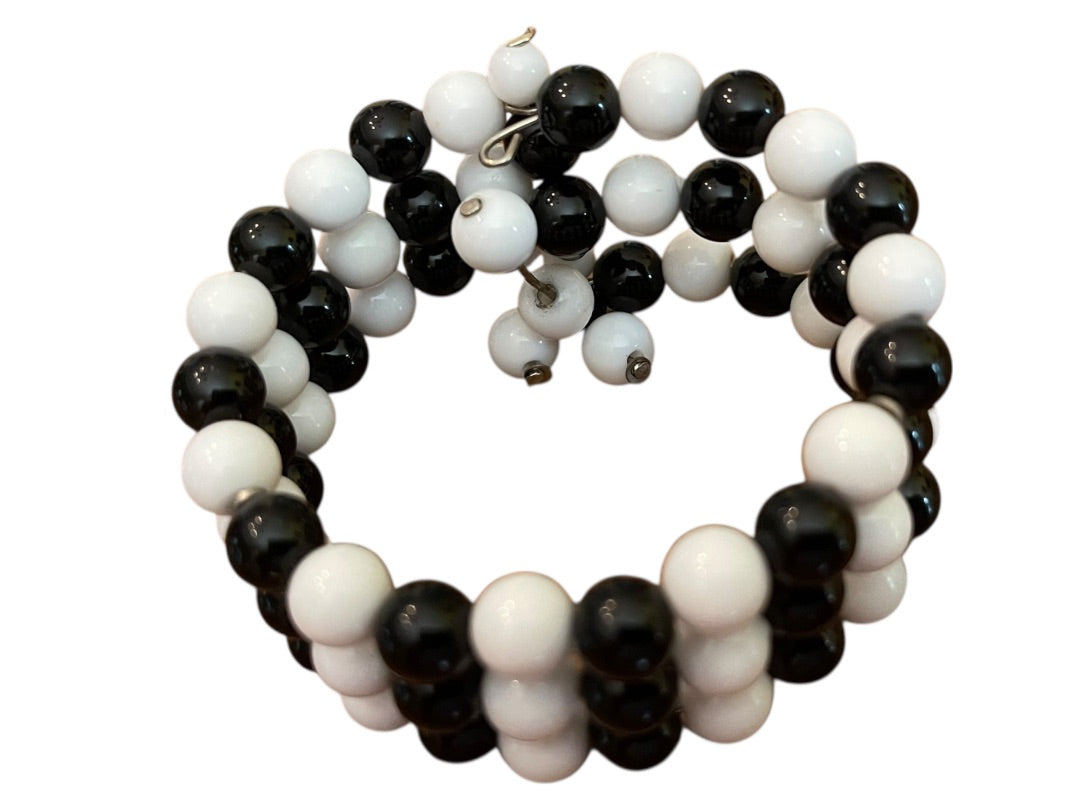Vintage 3 Strand Black White Beaded Adjustable Cuff Bracelet