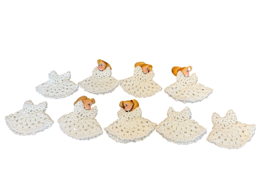 9 Crochet Angel Dresses with 5 Doll Heads Christmas Ornament 3 1/2" x 4 1/2"