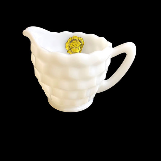 Hazel-Atlas Opaque Milk Glass Creamer with Sticker Starburst Geometric Design
