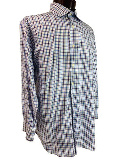 17.5 (32/33) David Donahue Mens Button Up Dress Shirt Plaid Purple