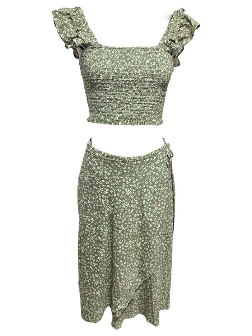 Small Hashtag 2 Piece Outfit Half Wrap Skirt & Smocked Crop Shirt Green
