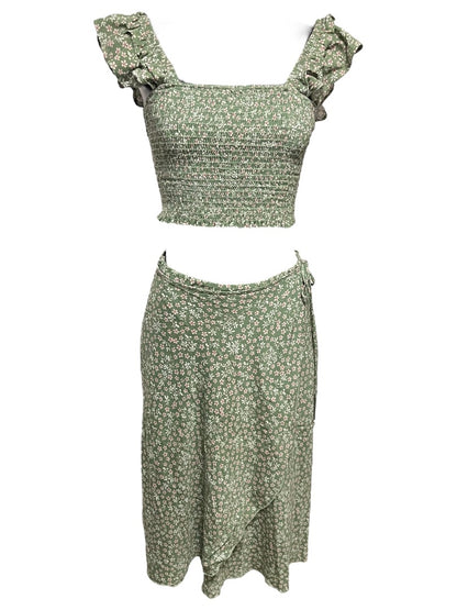 Small Hashtag 2 Piece Outfit Half Wrap Skirt & Smocked Crop Shirt Green