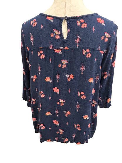 Size 18.5 Mudd Girls Boho Navy Blue Pink Print Blouse Shirt Lace