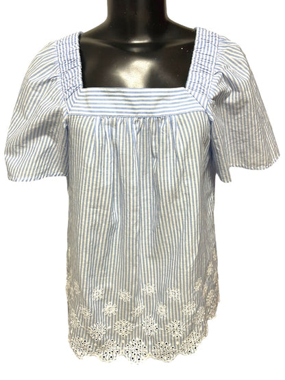 XS Loft Womens Flowy Blouse Shirt Striped Embroidered Blue White