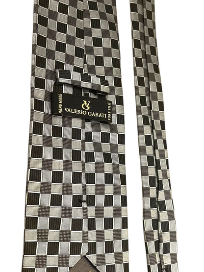 Valerio Garati Pure Silk Hand Made Square Pattern Tie Mens Necktie Black Gray