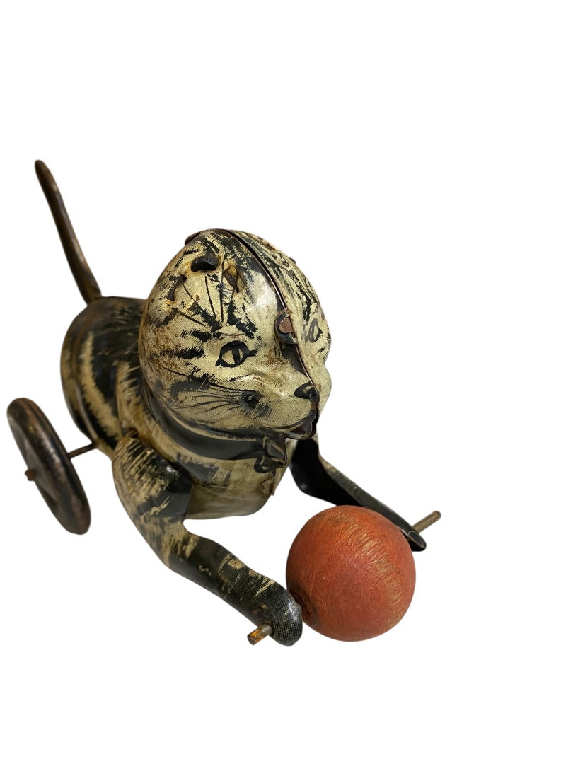 1930s Marx Tin Toy Friction Lever Cat with Wooden Ball 8" Length