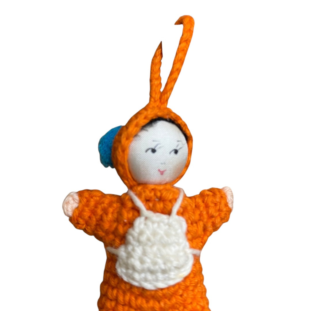 Vintage Amigurumi Japanese Crochet Baby Doll 2" Silk Face Orange