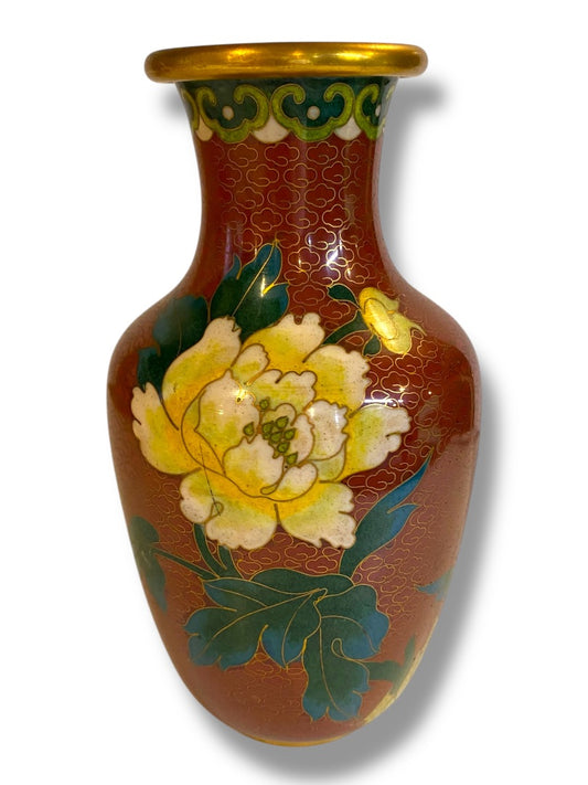 Vintage Oriental Yellow Peonies Enamel Cloisonne Vase 7"