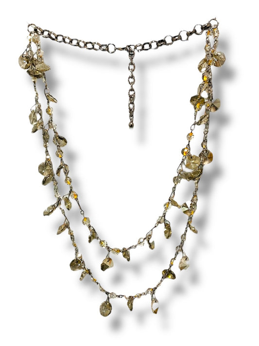 Pewter Color Double Strand Necklace Chunky Crystals 29" Chain