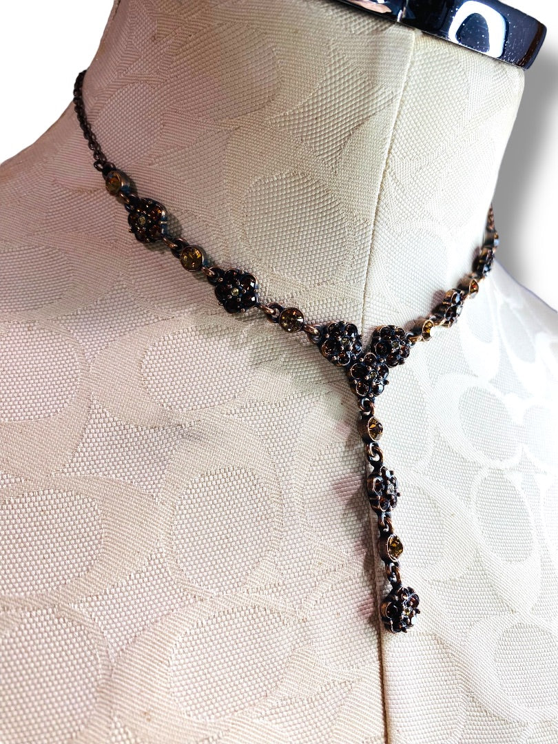 2028 Copper Color Rhinestone Antiqued Look Necklace 18" with 2" Drop