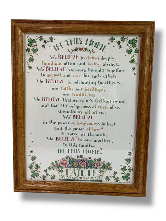 Framed Poem "In This Home . . . " Floral Shamrock Print 13.75" x 10.5"