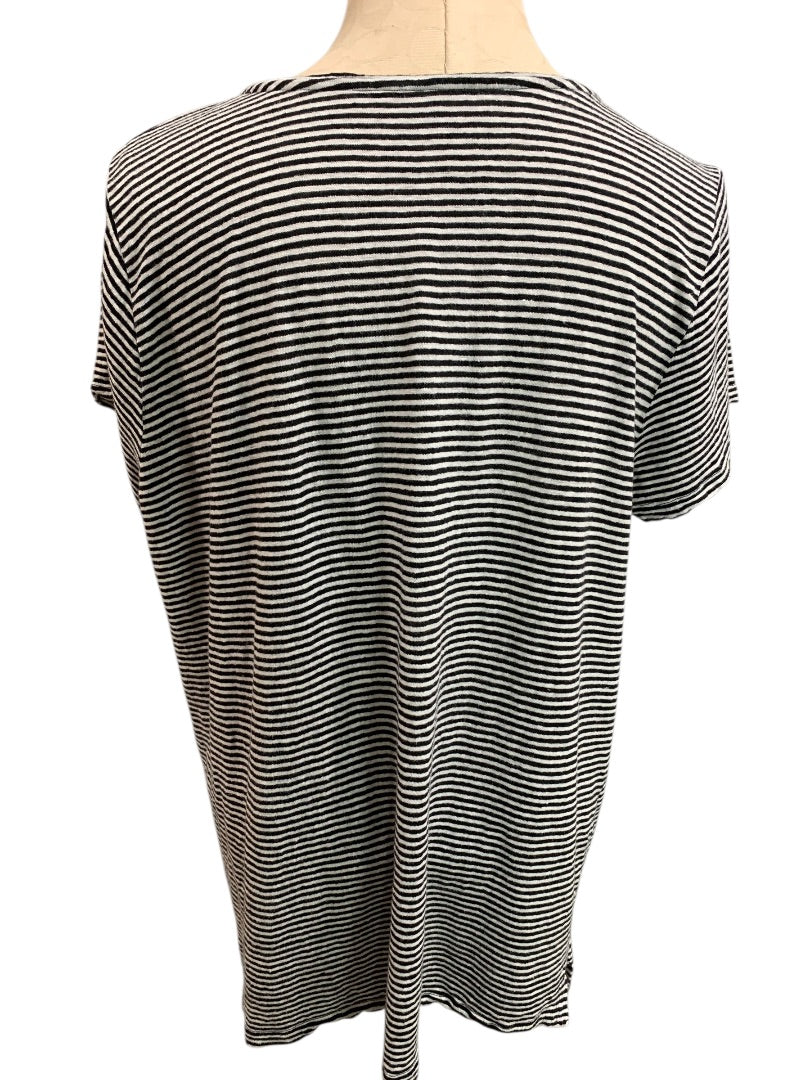 XL Eileen Fisher Womens V-Neck Linen Blend Tshirt Black White Stripe