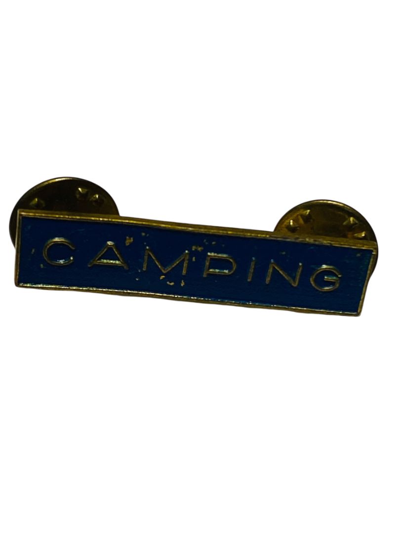 Vintage Bar Pin Camping Blue Goldtone 1.5" Double Butterfly Back