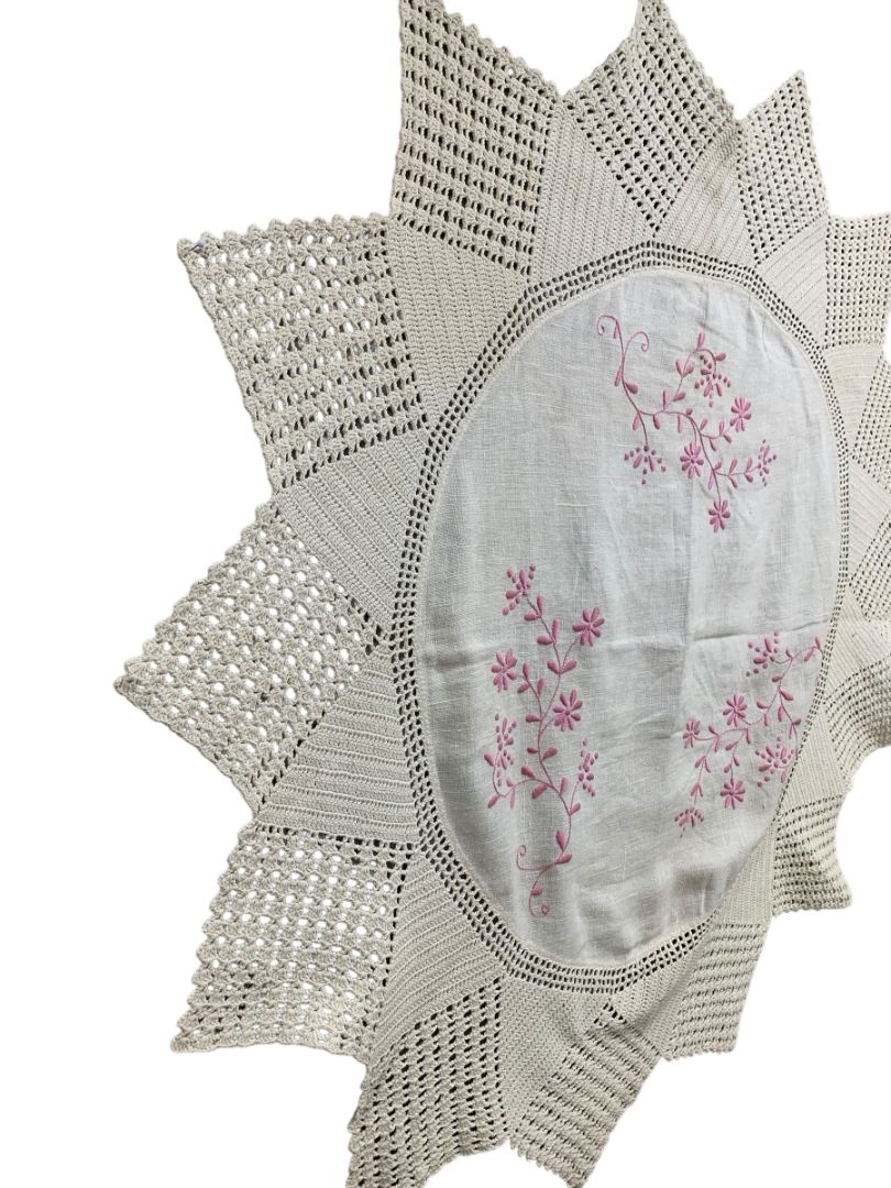 Vintage 40" Round Table Cloth Pink Embroidery Knit Crochet Edging