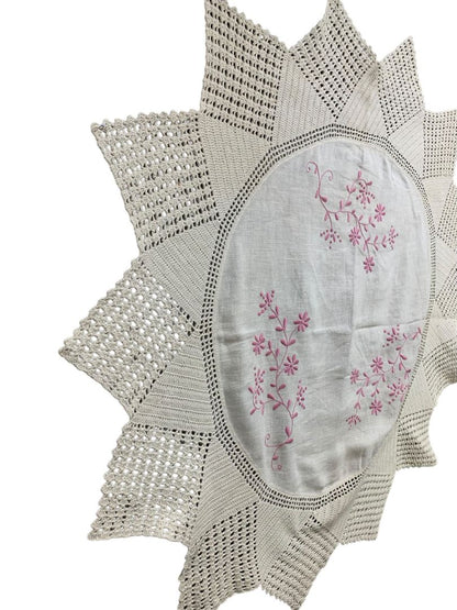 Vintage 40" Round Table Cloth Pink Embroidery Knit Crochet Edging