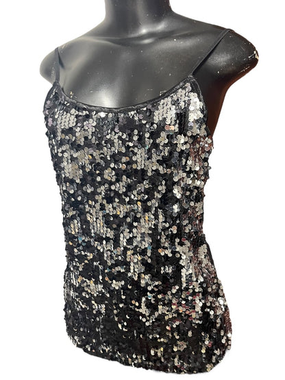 Medium Ambiance Womens Sequin Adjustable Strap Cami Black Silver