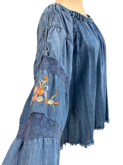 Size Large Ali Miles Womens Boho Shirt Embroidered Soft Off Shoulder