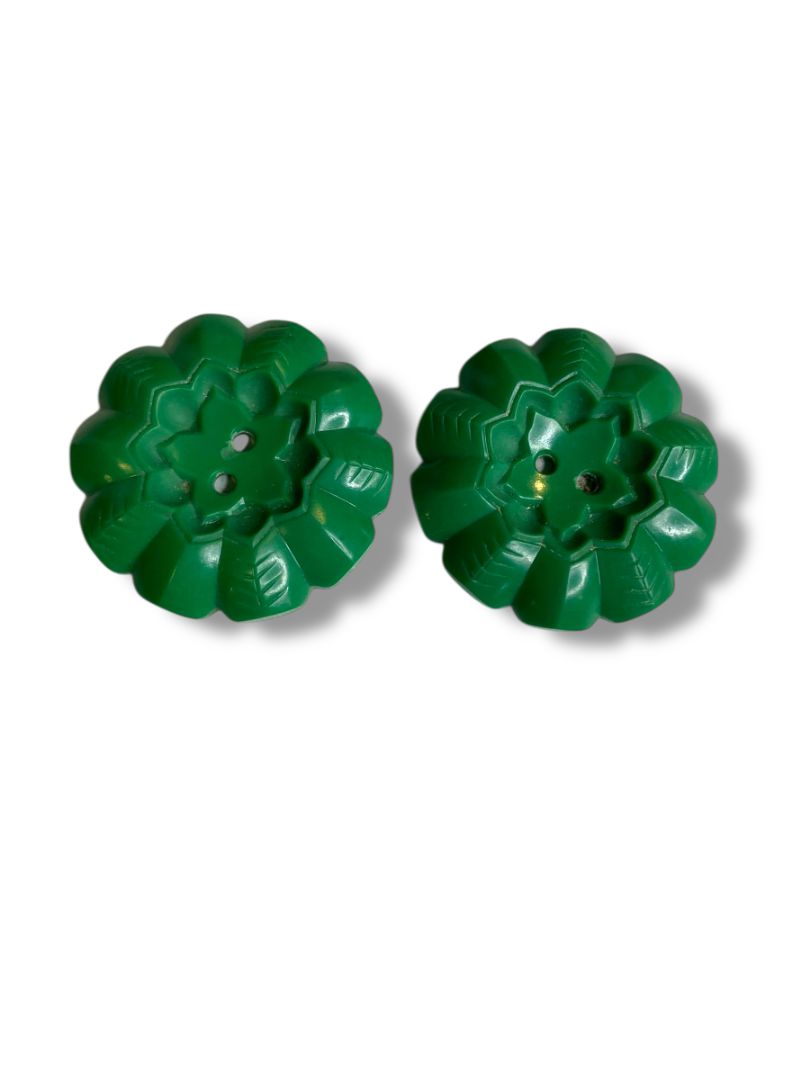 Set of 2 Green Midcentury Buttons Acrylic Flower Design 1.3" (34mm)