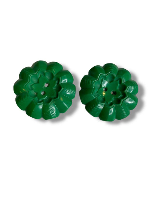 Set of 2 Green Midcentury Buttons Acrylic Flower Design 1.3" (34mm)