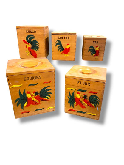 Set of 5 Nesting Wooden Canisters Vintage Rooster Cookies Flour Sugar Coffee Tea