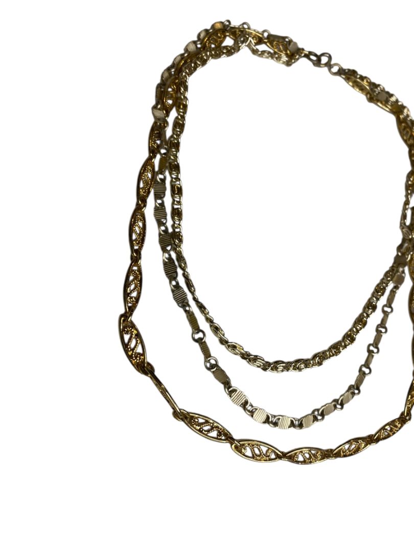 Vintage Goldtone Triple Strand Necklace Mixed Chains 17" Spring Clasp
