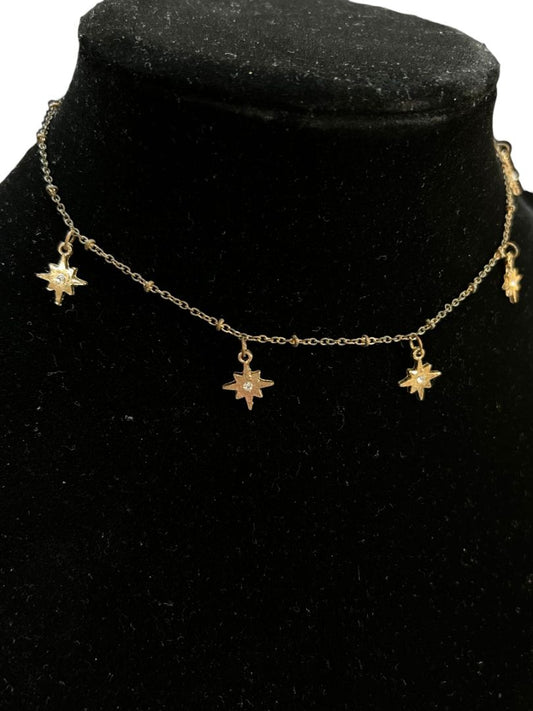 Delicate Goldtone Necklace 14" Chain Star Charms
